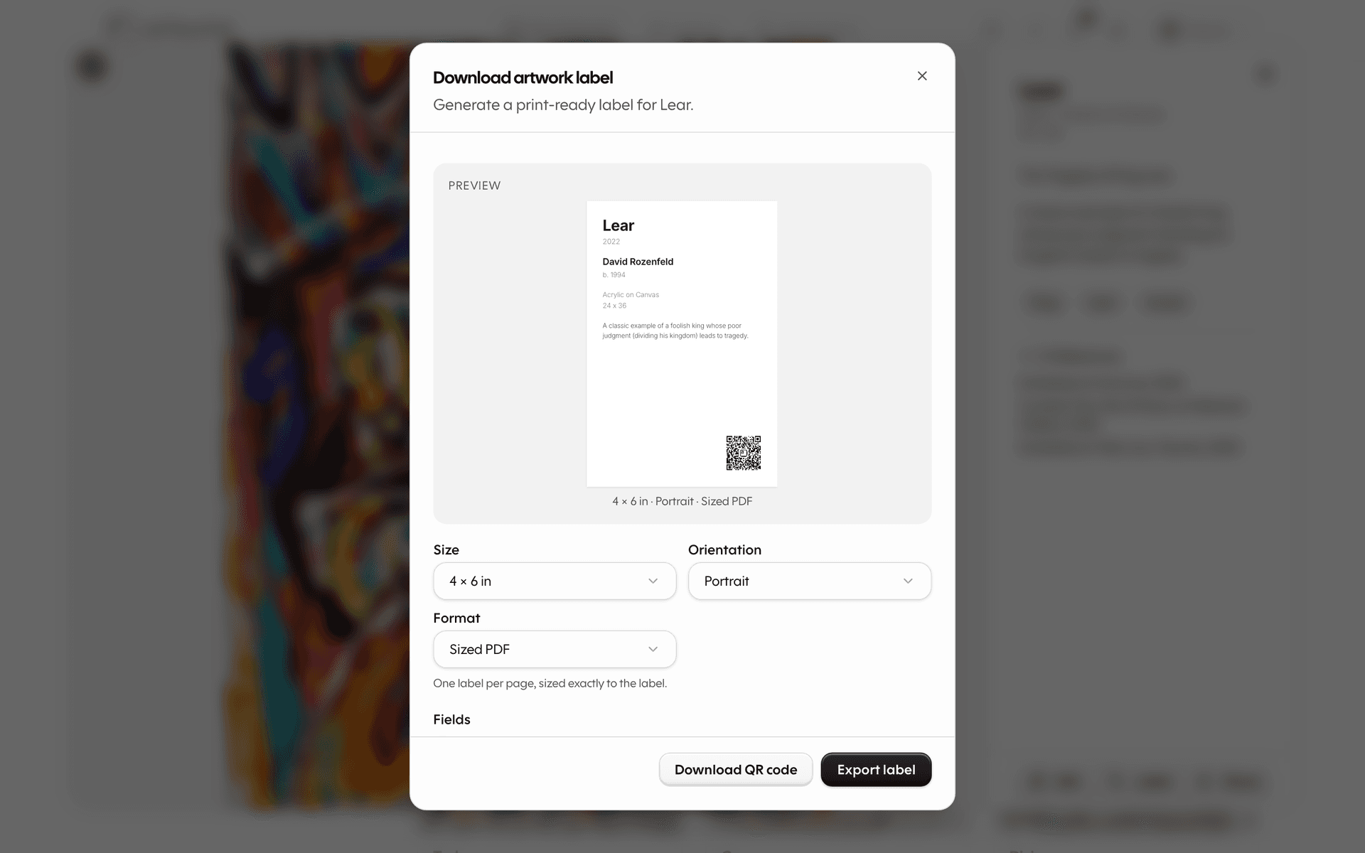 Artwork label dialog