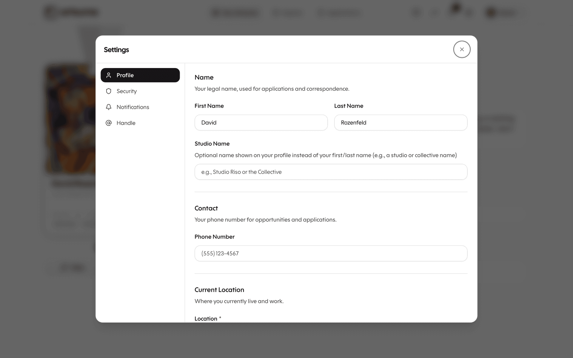 Settings modal — Profile section
